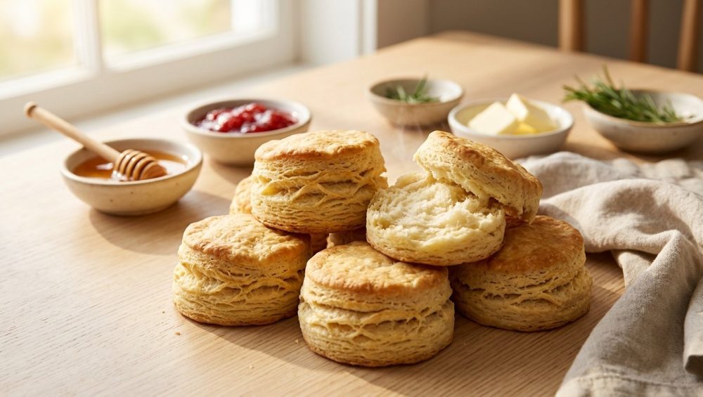 **Alt text:** A towering stack of flaky, golden-brown biscuits on a sunlit wooden table, with one biscuit split open to reveal a soft, warm interior. Bowls of strawberry jam and honey sit in the softly blurred background.