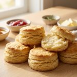 **Alt text:** A towering stack of flaky, golden-brown biscuits on a sunlit wooden table, with one biscuit split open to reveal a soft, warm interior. Bowls of strawberry jam and honey sit in the softly blurred background.