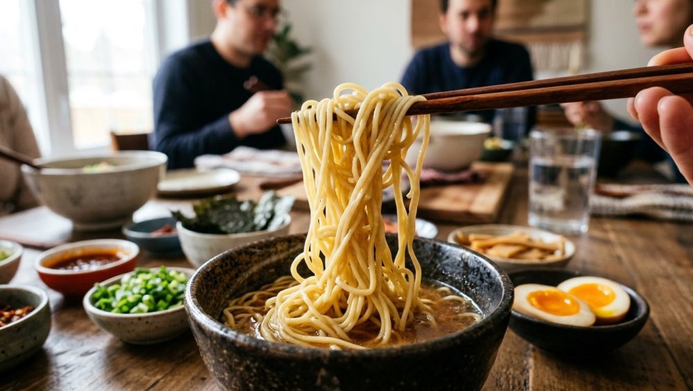 **Alt text:** A close-up of wooden chopsticks lifting a glistening, perfectly separated nest of ramen noodles from a ceramic bowl. The softly blurred, warm-toned background shows colorful toppings like scallions and soft-boiled eggs on a sunlit table.