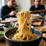 **Alt text:** A close-up of wooden chopsticks lifting a glistening, perfectly separated nest of ramen noodles from a ceramic bowl. The softly blurred, warm-toned background shows colorful toppings like scallions and soft-boiled eggs on a sunlit table.