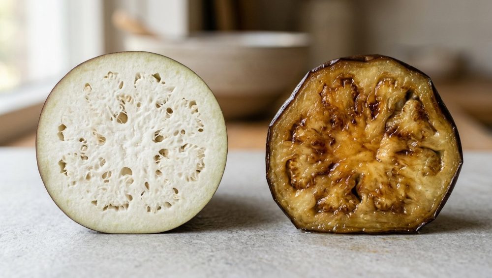 **Alt text:** A side-by-side comparison of a raw, spongy white eggplant slice on the left, and a tender, caramelized cooked eggplant slice on the right, resting on a light-grey stone countertop.