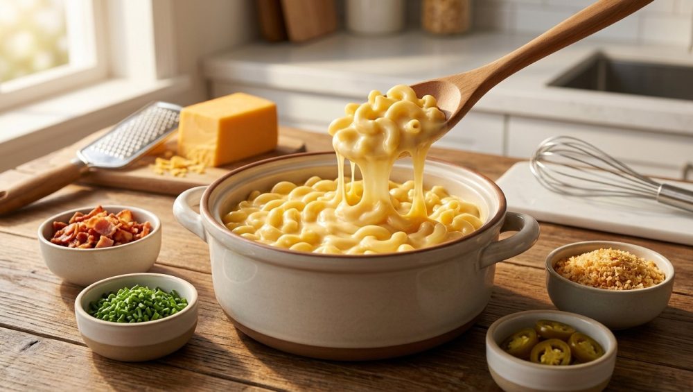 An editorial food photograph of a rustic mac and cheese station. A wooden spoon lifts a creamy, glossy scoop of macaroni from a central ceramic pot, showcasing a smooth cheese pull, surrounded by small bowls of toppings like bacon, chives, and jalapeños in warm, natural light.