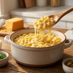 An editorial food photograph of a rustic mac and cheese station. A wooden spoon lifts a creamy, glossy scoop of macaroni from a central ceramic pot, showcasing a smooth cheese pull, surrounded by small bowls of toppings like bacon, chives, and jalapeños in warm, natural light.