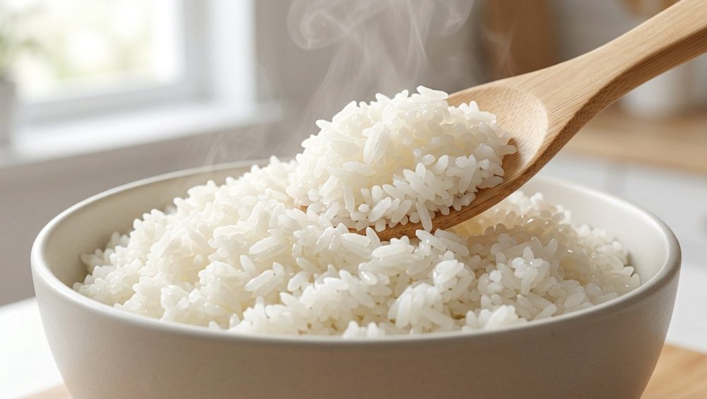 **Alt text:** A close-up of fluffy, steaming white jasmine rice in a matte ceramic bowl, with a wooden paddle lifting a portion to reveal distinct, non-sticky grains in soft, natural light.
