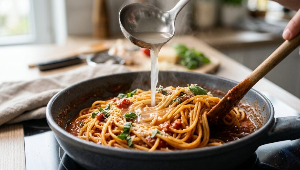 **Alt text:** A close-up photograph of glossy spaghetti being tossed in a rich tomato sauce in a dark pan. A silver ladle pours a thin stream of starchy pasta water into the dish to emulsify the sauce, creating a velvety glaze. Garnished with fresh basil and grated parmesan under warm, soft light with gentle steam rising.