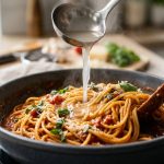 **Alt text:** A close-up photograph of glossy spaghetti being tossed in a rich tomato sauce in a dark pan. A silver ladle pours a thin stream of starchy pasta water into the dish to emulsify the sauce, creating a velvety glaze. Garnished with fresh basil and grated parmesan under warm, soft light with gentle steam rising.
