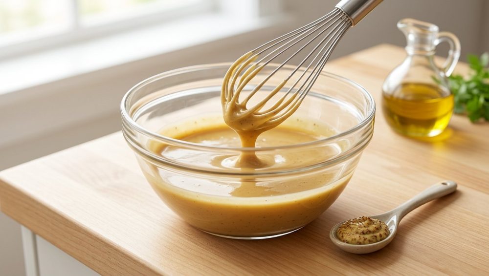 **Alt text:** A close-up shot of a glossy, golden-brown vinaigrette emulsifying in a glass bowl. A stainless steel whisk is lifted, showing the thick dressing clinging to its wires, next to a small spoon of grainy Dijon mustard on a sunlit wooden counter.