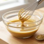 **Alt text:** A close-up shot of a glossy, golden-brown vinaigrette emulsifying in a glass bowl. A stainless steel whisk is lifted, showing the thick dressing clinging to its wires, next to a small spoon of grainy Dijon mustard on a sunlit wooden counter.