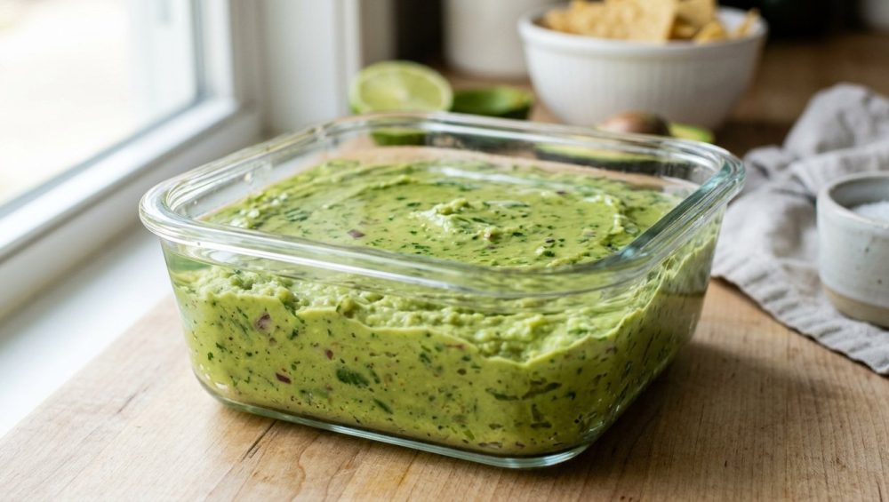 **Alt text:** A close-up of a glass container filled with bright green guacamole, topped with a thin, protective layer of clear water on a sunlit kitchen counter.