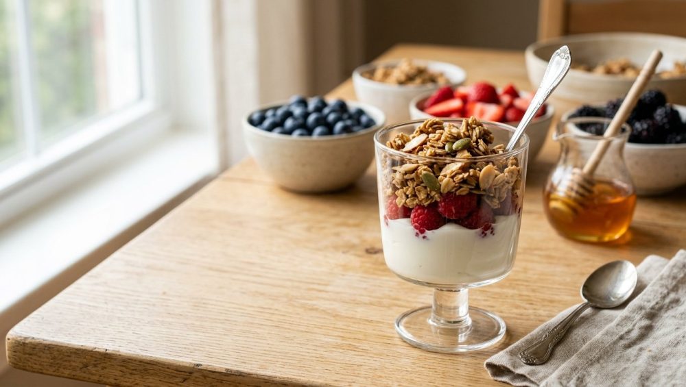 **Alt text:** A close-up of a glass cup filled with layers of thick Greek yogurt, fresh raspberries, and chunky granola. In the softly blurred background, bowls of berries and a small pitcher of honey sit on a sunlit wooden table.