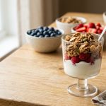 **Alt text:** A close-up of a glass cup filled with layers of thick Greek yogurt, fresh raspberries, and chunky granola. In the softly blurred background, bowls of berries and a small pitcher of honey sit on a sunlit wooden table.