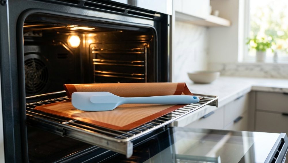 **Alt Text:** A pastel blue silicone spatula and a terracotta-colored baking mat rest on a metal wire rack inside a modern, softly lit oven, with a bright, minimalist kitchen blurred in the background.