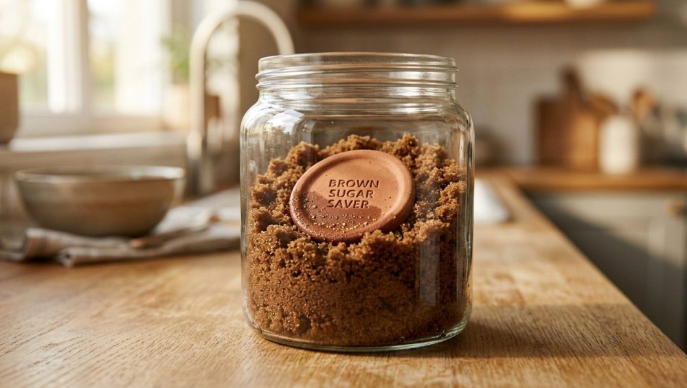 A clear glass jar filled with moist dark brown sugar, with a small circular terracotta disk nestled in the center, resting on a sunlit wooden kitchen counter.