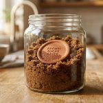 A clear glass jar filled with moist dark brown sugar, with a small circular terracotta disk nestled in the center, resting on a sunlit wooden kitchen counter.