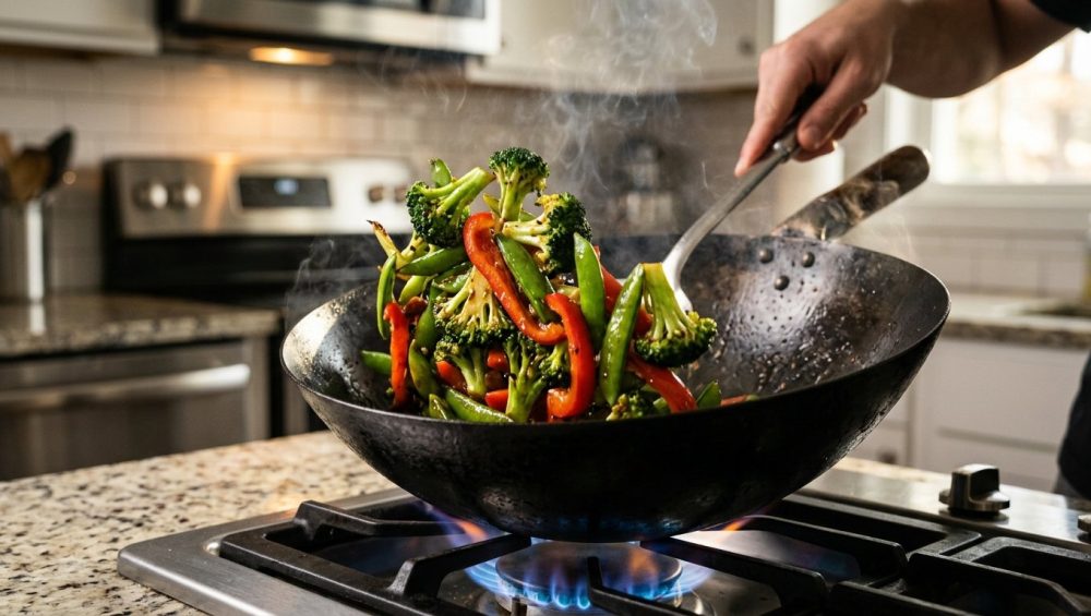 A close-up shot of a seasoned carbon steel wok on a gas stove burner with a blue flame. Inside, vibrant green broccoli, red bell peppers, and snap peas are searing with visible char marks and wisps of steam rising.