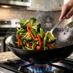 A close-up shot of a seasoned carbon steel wok on a gas stove burner with a blue flame. Inside, vibrant green broccoli, red bell peppers, and snap peas are searing with visible char marks and wisps of steam rising.