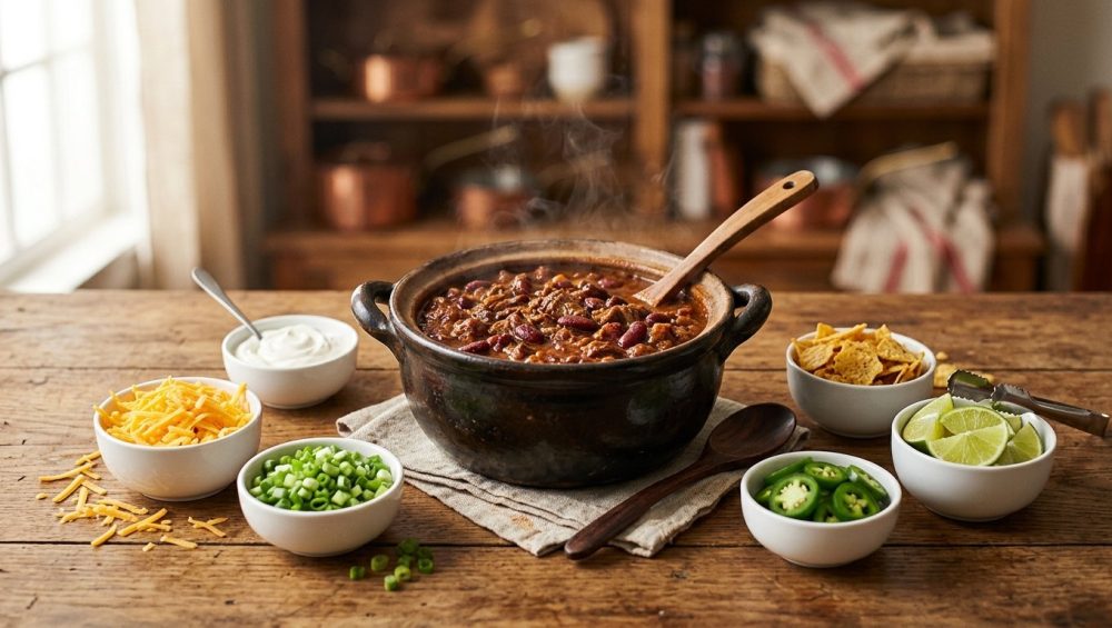 A steaming pot of rich beef chili sits on a rustic wooden table, surrounded by small bowls of toppings like grated cheddar cheese, sour cream, chopped scallions, and jalapeños in warm, natural light.