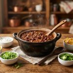 A steaming pot of rich beef chili sits on a rustic wooden table, surrounded by small bowls of toppings like grated cheddar cheese, sour cream, chopped scallions, and jalapeños in warm, natural light.