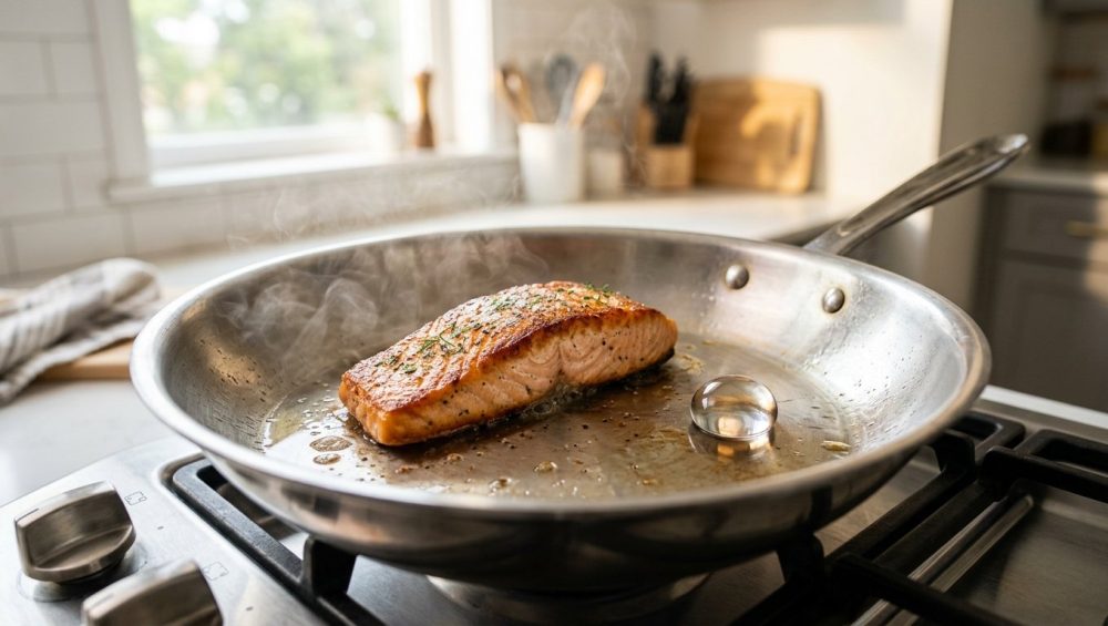 **Alt Text:** A professional close-up of a crispy, golden-brown seared salmon fillet and a single water droplet gliding across a hot, gleaming stainless steel skillet with gentle steam rising.