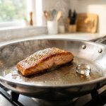 **Alt Text:** A professional close-up of a crispy, golden-brown seared salmon fillet and a single water droplet gliding across a hot, gleaming stainless steel skillet with gentle steam rising.