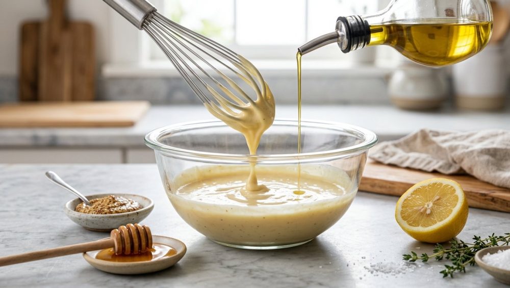**Alt text:** A close-up of a creamy vinaigrette being whisked in a glass bowl on a marble countertop, with a stream of golden olive oil drizzling in. Surrounding the bowl are fresh ingredients, including a halved lemon and thyme sprigs, illuminated by bright, natural light.