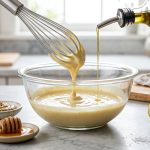 **Alt text:** A close-up of a creamy vinaigrette being whisked in a glass bowl on a marble countertop, with a stream of golden olive oil drizzling in. Surrounding the bowl are fresh ingredients, including a halved lemon and thyme sprigs, illuminated by bright, natural light.