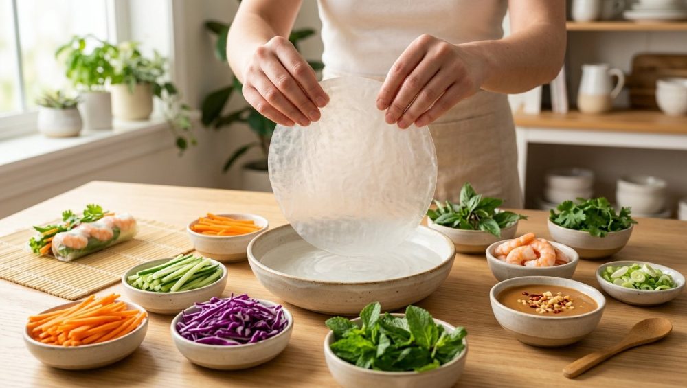 Hands gently lift a translucent rice paper wrapper from a bowl of water, surrounded by colorful dishes of fresh vegetables, shrimp, and peanut sauce on a bright, wooden table.