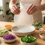 Hands gently lift a translucent rice paper wrapper from a bowl of water, surrounded by colorful dishes of fresh vegetables, shrimp, and peanut sauce on a bright, wooden table.
