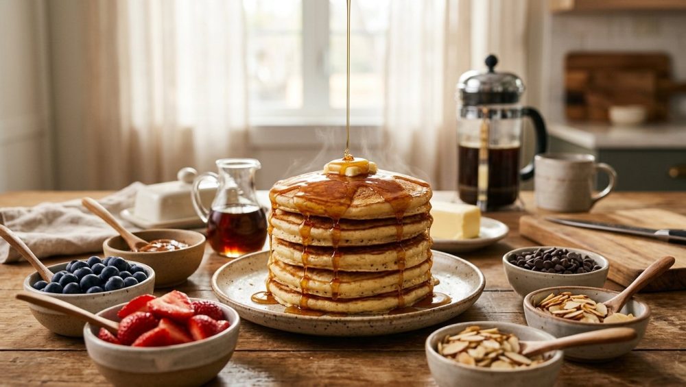 A tall stack of fluffy pancakes with melting butter and dripping maple syrup on a rustic plate, surrounded by small bowls of fresh berries, chocolate chips, and sliced almonds in a sunlit kitchen.