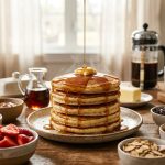 A tall stack of fluffy pancakes with melting butter and dripping maple syrup on a rustic plate, surrounded by small bowls of fresh berries, chocolate chips, and sliced almonds in a sunlit kitchen.
