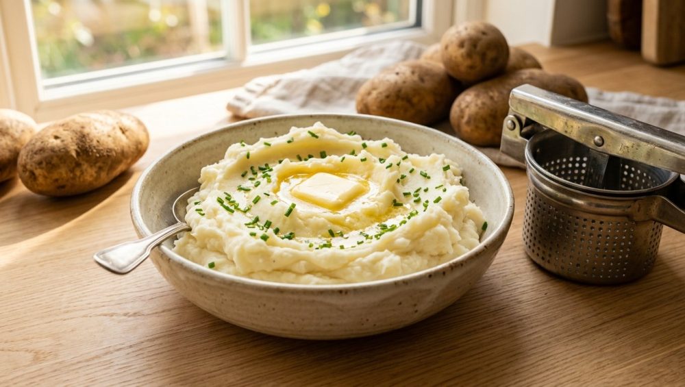 A bowl of fluffy, whipped mashed potatoes topped with melting butter and chives, sitting on a sunlit wooden counter next to a stainless steel potato ricer.