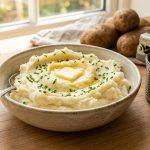 A bowl of fluffy, whipped mashed potatoes topped with melting butter and chives, sitting on a sunlit wooden counter next to a stainless steel potato ricer.