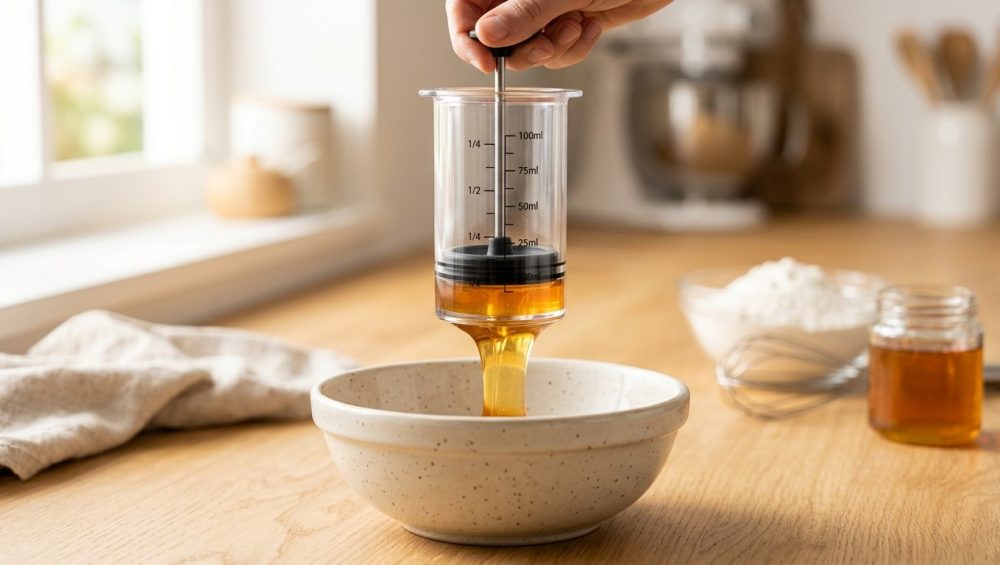 **Alt text:** A clear plunger-style measuring cup cleanly dispensing thick golden honey into a ceramic bowl on a wooden countertop. The black silicone plunger ring scrapes the transparent cylinder completely clean under warm, natural sunlight.