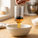 **Alt text:** A clear plunger-style measuring cup cleanly dispensing thick golden honey into a ceramic bowl on a wooden countertop. The black silicone plunger ring scrapes the transparent cylinder completely clean under warm, natural sunlight.