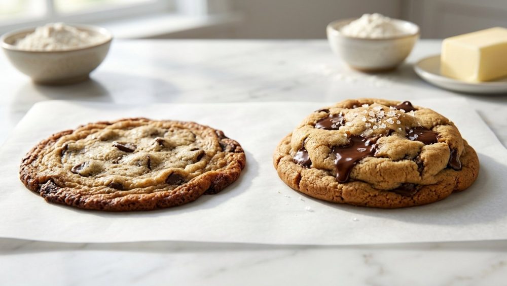 **Alt text:** Side-by-side comparison of two chocolate chip cookies on parchment paper. On the left, a flat, thin, greasy cookie with burnt edges. On the right, a thick, golden-brown, soft-baked cookie with gooey melted chocolate and sea salt.