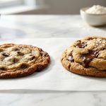**Alt text:** Side-by-side comparison of two chocolate chip cookies on parchment paper. On the left, a flat, thin, greasy cookie with burnt edges. On the right, a thick, golden-brown, soft-baked cookie with gooey melted chocolate and sea salt.