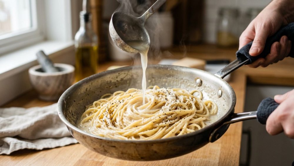 **Alt text:** Close-up shot of glossy spaghetti being tossed in a stainless steel skillet, with a stream of starchy pasta water poured from a ladle to emulsify the creamy sauce. Shot in a bright kitchen with soft, natural light.