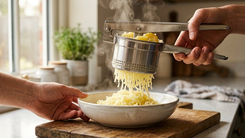 **Alt text:** Close-up of a stainless steel potato ricer pressing hot potatoes into long, fluffy strands that cascade into a ceramic bowl, with soft steam rising in warm, natural kitchen light.