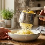 **Alt text:** Close-up of a stainless steel potato ricer pressing hot potatoes into long, fluffy strands that cascade into a ceramic bowl, with soft steam rising in warm, natural kitchen light.