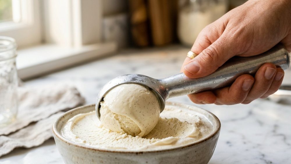 **Alt text:** A close-up of a hand using a metal scoop to carve a perfect sphere of vanilla bean ice cream, showing tiny black vanilla specks, in a bright, modern kitchen.