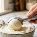 **Alt text:** A close-up of a hand using a metal scoop to carve a perfect sphere of vanilla bean ice cream, showing tiny black vanilla specks, in a bright, modern kitchen.