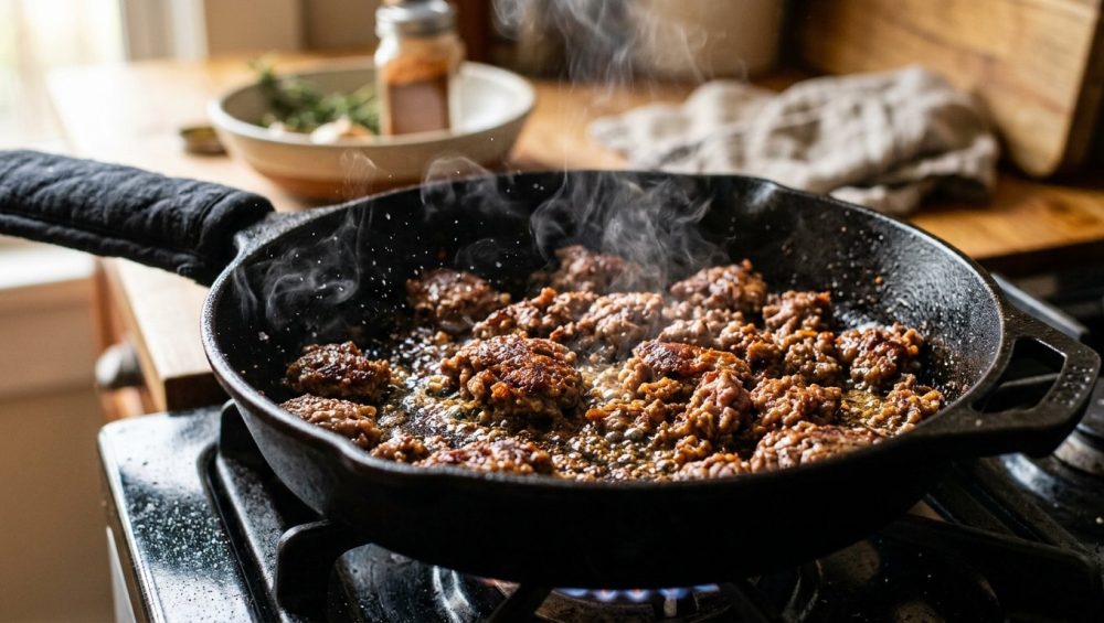 **Alt Text:** A close-up shot of ground beef searing in a hot cast-iron skillet, featuring a caramelized brown crust, sizzling oil, and gentle steam.