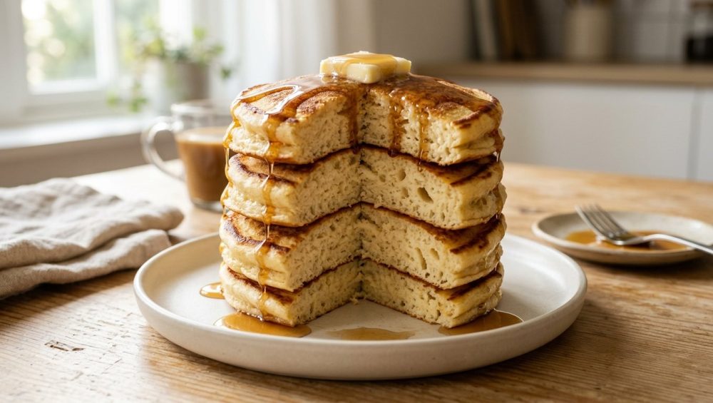 **Alt Text:** A tall stack of thick, fluffy golden-brown pancakes on a ceramic plate, topped with melting butter and dripping maple syrup. One middle pancake is offset, revealing a light, aerated texture under soft morning light.