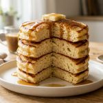 **Alt Text:** A tall stack of thick, fluffy golden-brown pancakes on a ceramic plate, topped with melting butter and dripping maple syrup. One middle pancake is offset, revealing a light, aerated texture under soft morning light.