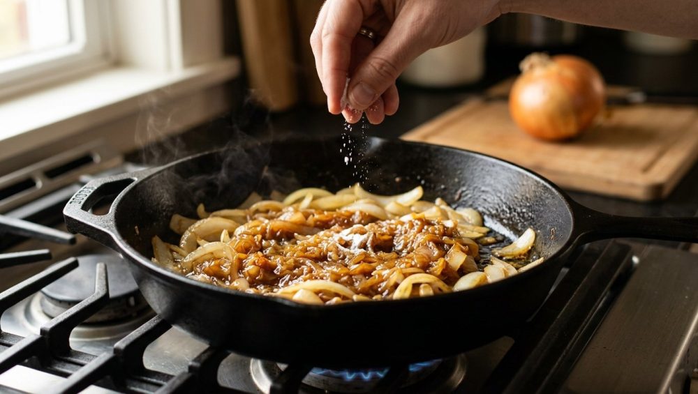 **Alt text:** Golden-brown caramelized onions glistening in a black cast-iron skillet, with a hand gently sprinkling a pinch of baking soda over them as steam rises.
