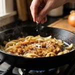 **Alt text:** Golden-brown caramelized onions glistening in a black cast-iron skillet, with a hand gently sprinkling a pinch of baking soda over them as steam rises.