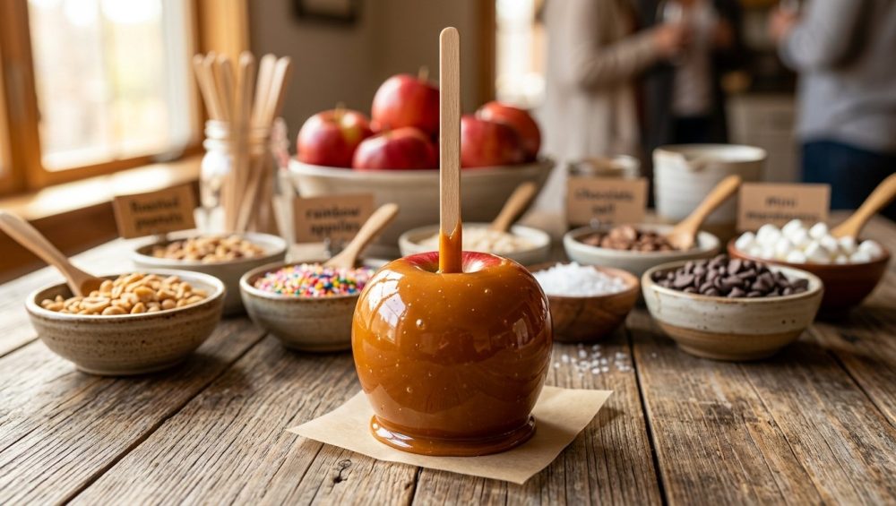 **Alt text:** A glossy caramel-coated red apple on a wooden stick, in sharp focus on a rustic table with blurred bowls of toppings in the background under warm, natural light.