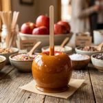 **Alt text:** A glossy caramel-coated red apple on a wooden stick, in sharp focus on a rustic table with blurred bowls of toppings in the background under warm, natural light.