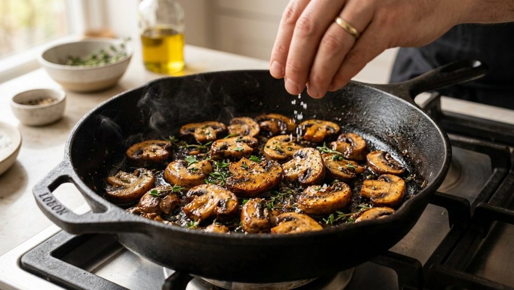 **Alt Text:** Close-up of golden-brown, caramelized cremini mushrooms sizzling in a cast-iron skillet, with a hand sprinkling flaky sea salt and fresh thyme.