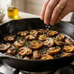 **Alt Text:** Close-up of golden-brown, caramelized cremini mushrooms sizzling in a cast-iron skillet, with a hand sprinkling flaky sea salt and fresh thyme.